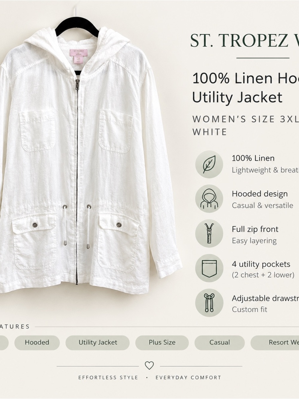 St. Tropez West White 100% Linen Hooded Utility Jacket Plus Size 3XL